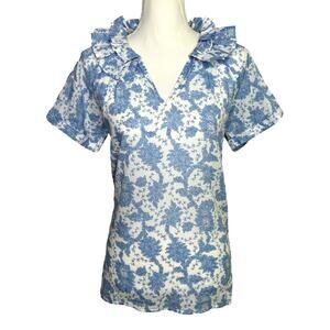 Saule Parc Ruffle Collar Blouse‎ XS Blue White Floral Print Cotton Cottagecore